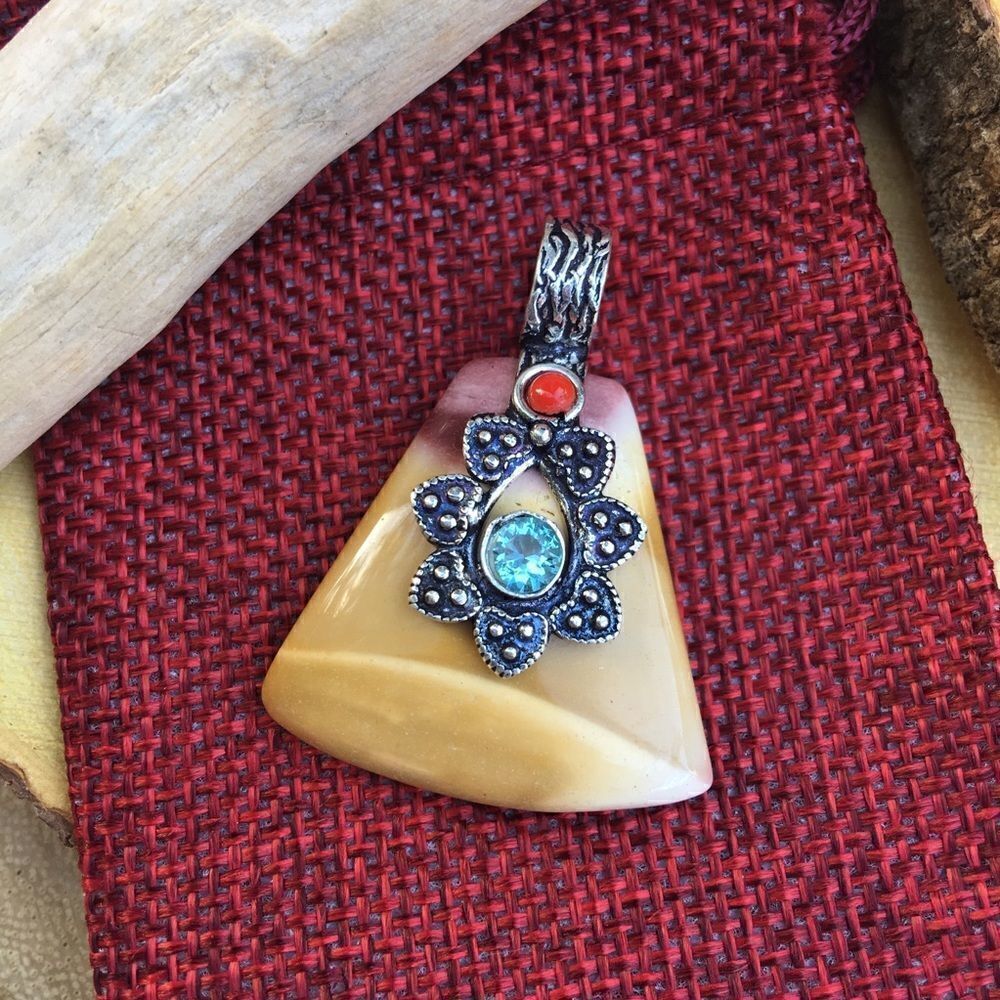 Mookaite, Blue Topaz & coral pendant